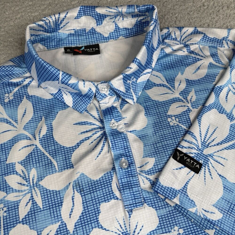 Yatta Golf Polo Shirt Mens XL Blue White Hibiscus Floral Stretch Tropical Beach